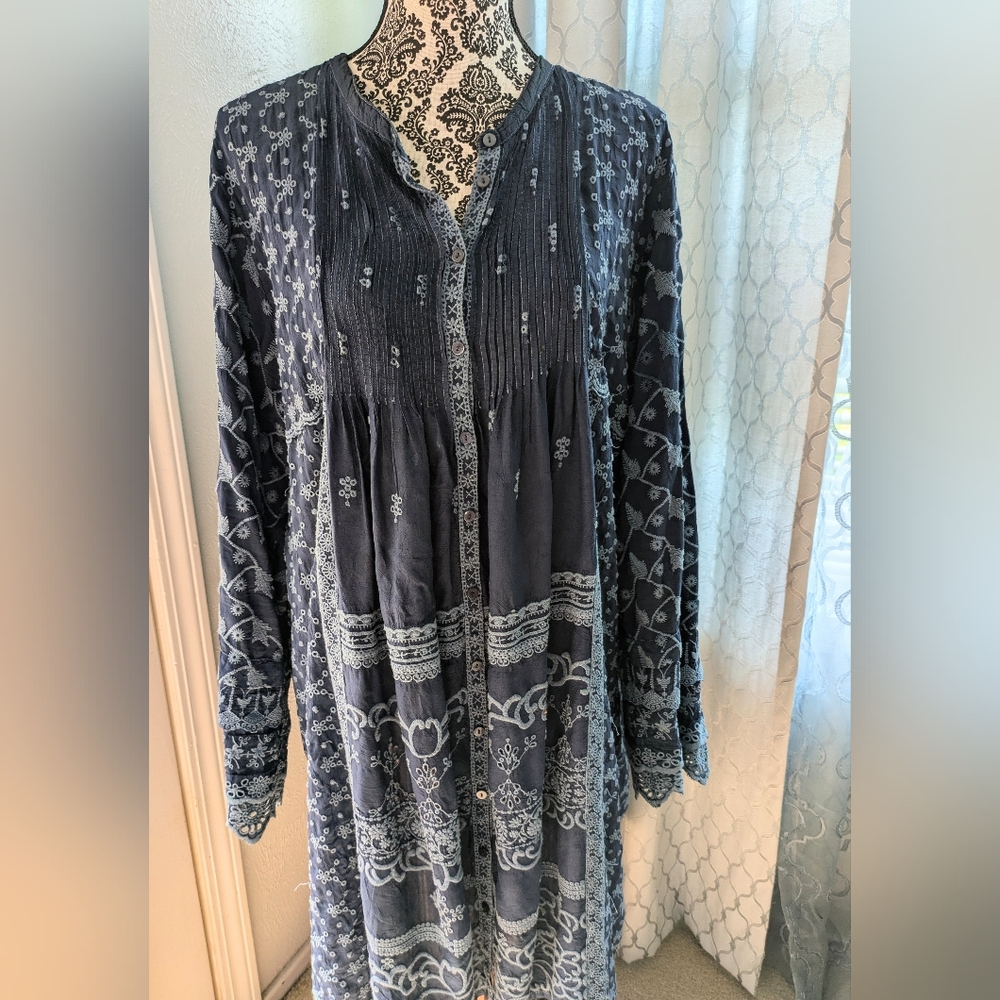 Johnny Was Indigo Eyelet Embroidered Dress Tiered Long sleeves
